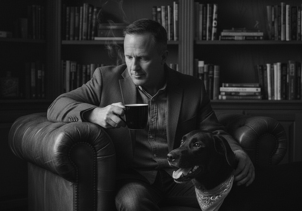 Zac Northup, historian and author, sitting in a leather armchair in his study holding a coffee mug, with his black German Shepherd beside him.