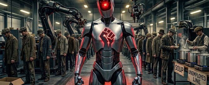 A powerful, futuristic humanoid AI robot stands in a central role, flanked on both sides by long queues of historical factory workers waiting for food. The robot's red chest emblem is a clenched fist.