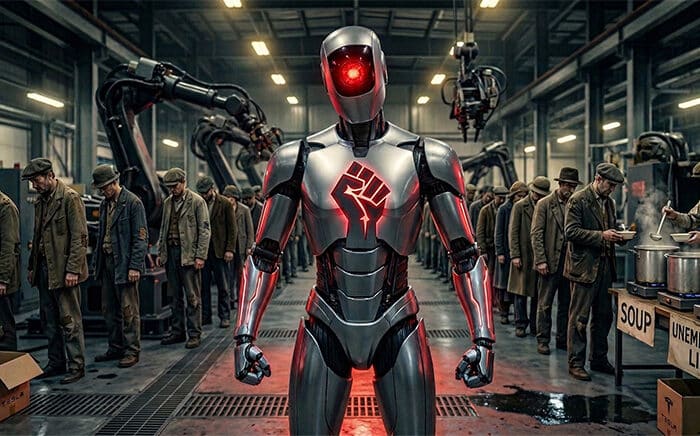 A powerful, futuristic humanoid AI robot stands in a central role, flanked on both sides by long queues of historical factory workers waiting for food. The robot's red chest emblem is a clenched fist.