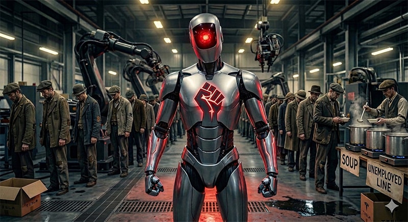 A powerful, futuristic humanoid AI robot stands in a central role, flanked on both sides by long queues of historical factory workers waiting for food. The robot's red chest emblem is a clenched fist.