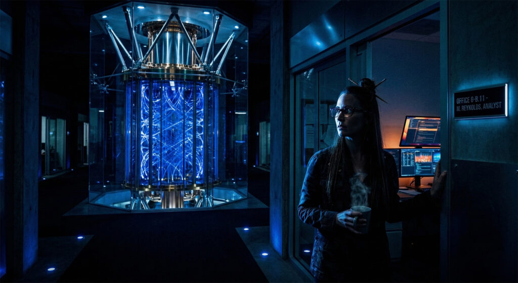 maggie_core_Dark A medium-long photograph captures an analysis in progress in a data center at night. Positioned on the left, a large, glowing blue quantum core stands inside a clear glass and metal structure, casting ambient light into the dark hallway. At the center-right, analyst M. Reynolds, a woman with long hair tied with hair-pins and wearing glasses and a denim jacket, holds a steaming mug while standing in an office doorway. Her gaze is fixed on the glowing blue core. To her right, a multiple-monitor workstation in her office is illuminated by blue and orange light, displaying graphs and data. A backlit sign near her reads, 'OFFICE 6-B.11 - M. REYNOLDS, ANALYST'. The scene features dark corridors and floor-recessed blue lights. The light source is the central core and monitor glow.