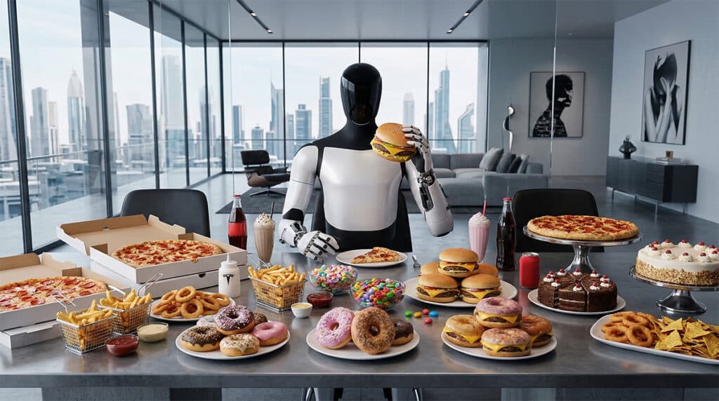 A photograph taken from a frontal perspective shows the Tesla Optimus Robot, a humanoid robot with a white body and black torso, sitting at a grey ultra modern dinner table with a light grey surface and black chairs in front of a window looking over a large city during the day. The robot holds a cheeseburger with two hands, bringing it to its face as if to take a bite. On the grey table, there is an assortment of junk food. On the left, there are two stackable pizza boxes, one being partially open. Below that, there are two metal baskets with french fries and a wooden bowl with golden, deep fried food. Towards the center of the table and around the robot, from left to right, there are six colorful donuts with frosting and sprinkles in a light blue bowl, a white bowl with colorful candy, and other three donuts, a white with brown frosting, a pink one with white sprinkles and one covered in brown crumbs. Towards the right, on a light brown plate, there is a stack of three cheeseburgers, below them, in front of the robot, four cheeseburgers with cheese. Next to the cheeseburger, there is a white bowl with onion rings and on a light brown plate, there is a portion of nachos and chips. Behind the robot, two glasses with black liquid and white and light pink milkshakes with whipped cream. On the very far right, there is a light blue bowl with onion rings and a big three-layered cake with white, pink and purple frosting. On the walls of the room, on the right, there are two paintings in black frames. The image is taken during the day with natural light.