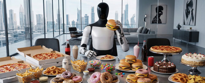 A photograph taken from a frontal perspective shows the Tesla Optimus Robot, a humanoid robot with a white body and black torso, sitting at a grey ultra modern dinner table with a light grey surface and black chairs in front of a window looking over a large city during the day. The robot holds a cheeseburger with two hands, bringing it to its face as if to take a bite. On the grey table, there is an assortment of junk food. On the left, there are two stackable pizza boxes, one being partially open. Below that, there are two metal baskets with french fries and a wooden bowl with golden, deep fried food. Towards the center of the table and around the robot, from left to right, there are six colorful donuts with frosting and sprinkles in a light blue bowl, a white bowl with colorful candy, and other three donuts, a white with brown frosting, a pink one with white sprinkles and one covered in brown crumbs. Towards the right, on a light brown plate, there is a stack of three cheeseburgers, below them, in front of the robot, four cheeseburgers with cheese. Next to the cheeseburger, there is a white bowl with onion rings and on a light brown plate, there is a portion of nachos and chips. Behind the robot, two glasses with black liquid and white and light pink milkshakes with whipped cream. On the very far right, there is a light blue bowl with onion rings and a big three-layered cake with white, pink and purple frosting. On the walls of the room, on the right, there are two paintings in black frames. The image is taken during the day with natural light.