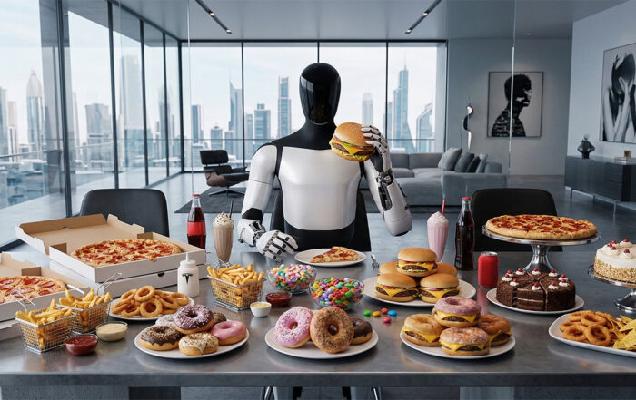 A photograph taken from a frontal perspective shows the Tesla Optimus Robot, a humanoid robot with a white body and black torso, sitting at a grey ultra modern dinner table with a light grey surface and black chairs in front of a window looking over a large city during the day. The robot holds a cheeseburger with two hands, bringing it to its face as if to take a bite. On the grey table, there is an assortment of junk food. On the left, there are two stackable pizza boxes, one being partially open. Below that, there are two metal baskets with french fries and a wooden bowl with golden, deep fried food. Towards the center of the table and around the robot, from left to right, there are six colorful donuts with frosting and sprinkles in a light blue bowl, a white bowl with colorful candy, and other three donuts, a white with brown frosting, a pink one with white sprinkles and one covered in brown crumbs. Towards the right, on a light brown plate, there is a stack of three cheeseburgers, below them, in front of the robot, four cheeseburgers with cheese. Next to the cheeseburger, there is a white bowl with onion rings and on a light brown plate, there is a portion of nachos and chips. Behind the robot, two glasses with black liquid and white and light pink milkshakes with whipped cream. On the very far right, there is a light blue bowl with onion rings and a big three-layered cake with white, pink and purple frosting. On the walls of the room, on the right, there are two paintings in black frames. The image is taken during the day with natural light.