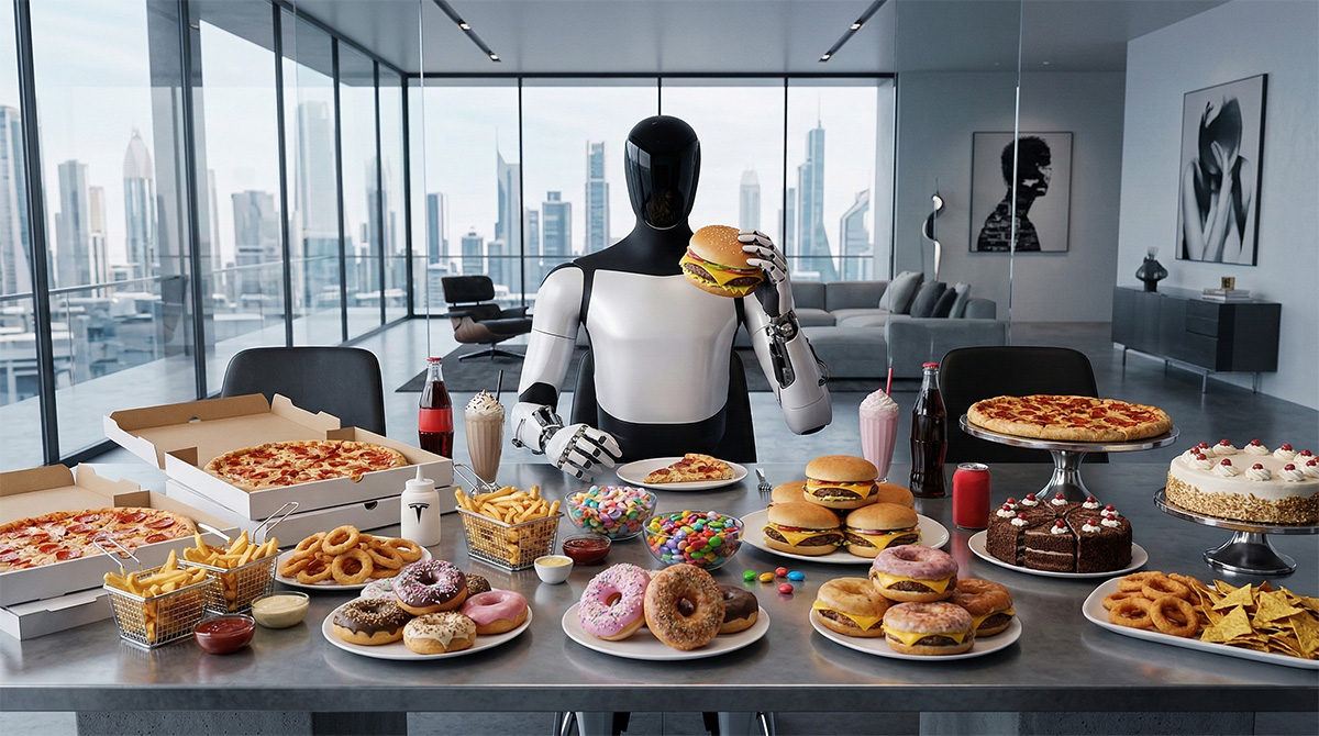 A photograph taken from a frontal perspective shows the Tesla Optimus Robot, a humanoid robot with a white body and black torso, sitting at a grey ultra modern dinner table with a light grey surface and black chairs in front of a window looking over a large city during the day. The robot holds a cheeseburger with two hands, bringing it to its face as if to take a bite. On the grey table, there is an assortment of junk food. On the left, there are two stackable pizza boxes, one being partially open. Below that, there are two metal baskets with french fries and a wooden bowl with golden, deep fried food. Towards the center of the table and around the robot, from left to right, there are six colorful donuts with frosting and sprinkles in a light blue bowl, a white bowl with colorful candy, and other three donuts, a white with brown frosting, a pink one with white sprinkles and one covered in brown crumbs. Towards the right, on a light brown plate, there is a stack of three cheeseburgers, below them, in front of the robot, four cheeseburgers with cheese. Next to the cheeseburger, there is a white bowl with onion rings and on a light brown plate, there is a portion of nachos and chips. Behind the robot, two glasses with black liquid and white and light pink milkshakes with whipped cream. On the very far right, there is a light blue bowl with onion rings and a big three-layered cake with white, pink and purple frosting. On the walls of the room, on the right, there are two paintings in black frames. The image is taken during the day with natural light.